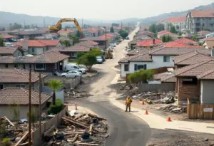 Construction workers rebuilding homes in a fire-damaged area of Los Angeles