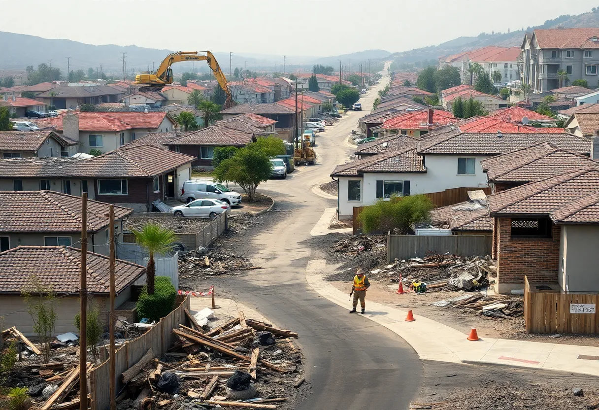 Construction workers rebuilding homes in a fire-damaged area of Los Angeles