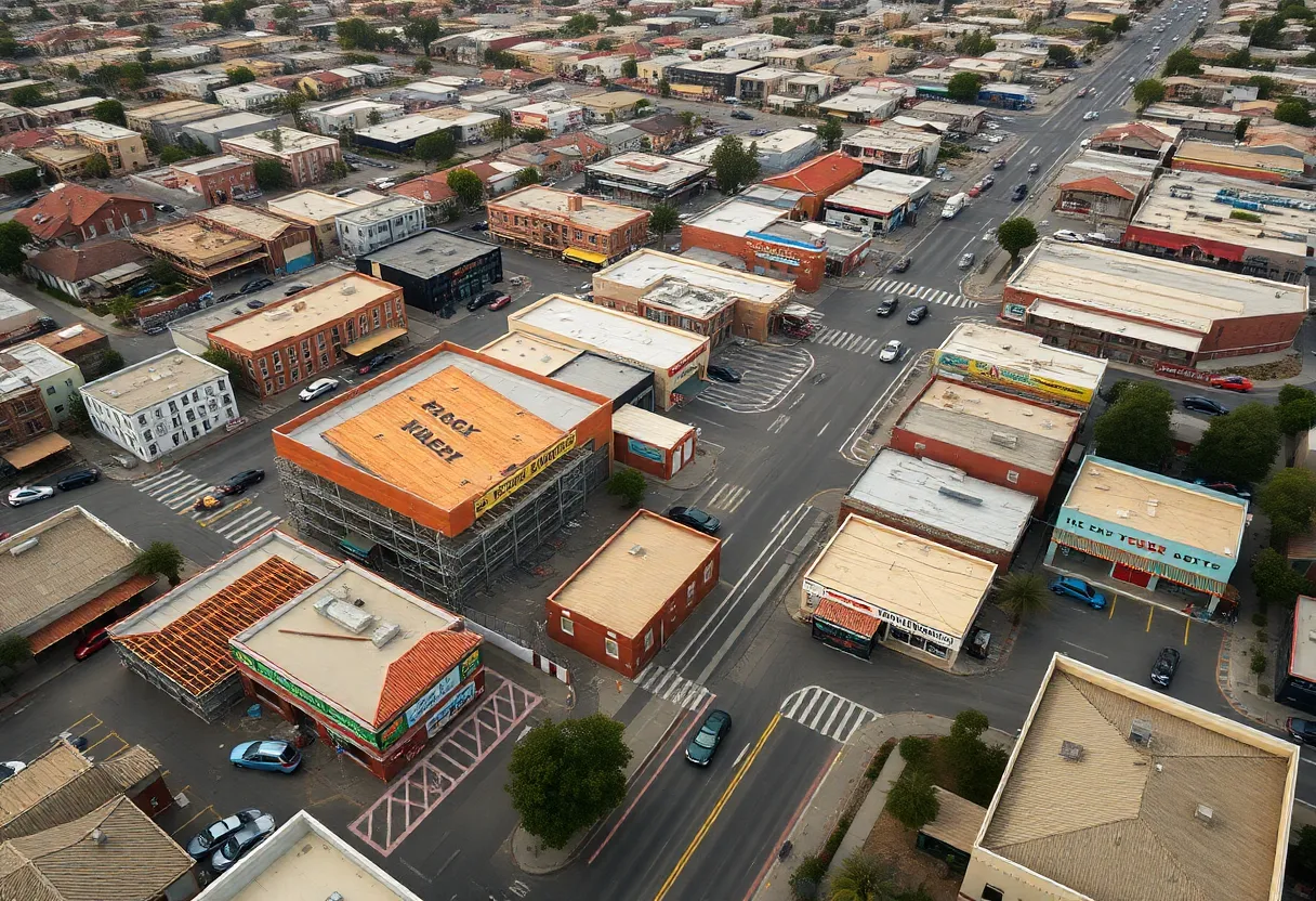 Aerial view of Los Angeles business district undergoing recovery after wildfires.
