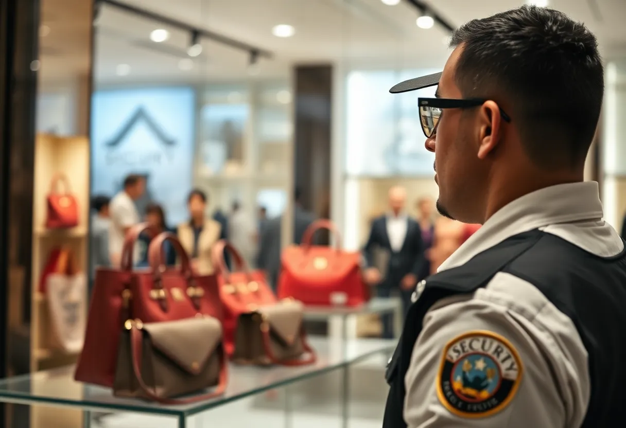 Luxury handbags displayed in a retail store for sale.