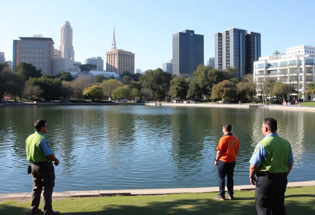 View of MacArthur Park Lake with park rangers on site