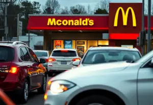 A busy McDonald's drive-thru with cars in line