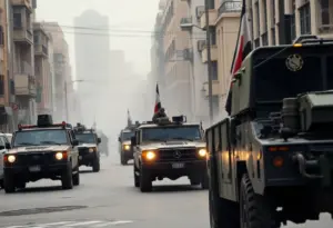Military operation scene in an urban setting with vehicles and personnel.