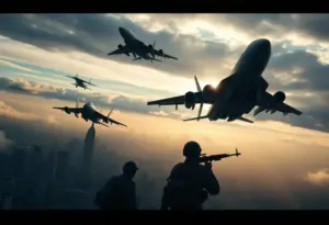 Military aircraft performing airstrikes over an urban landscape