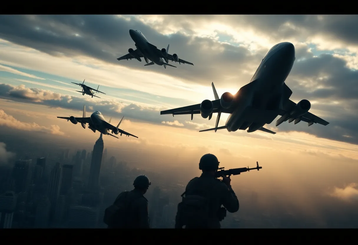 Military aircraft performing airstrikes over an urban landscape