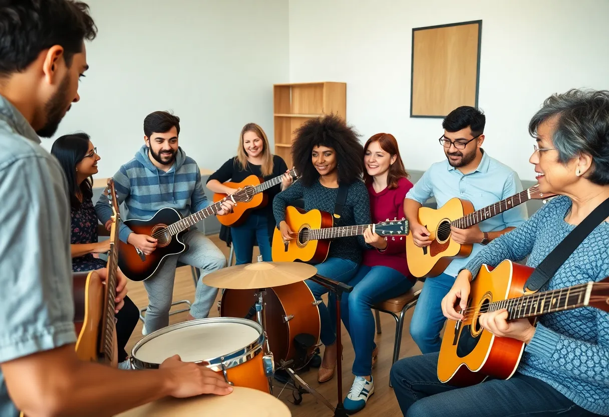 Participants in a music therapy session expressing emotions through musical instruments.