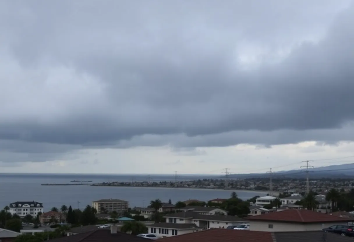 A view of Newport Beach under a dark sky symbolizing community mourning.