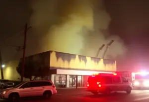 Burned commercial building in North Hills, Los Angeles