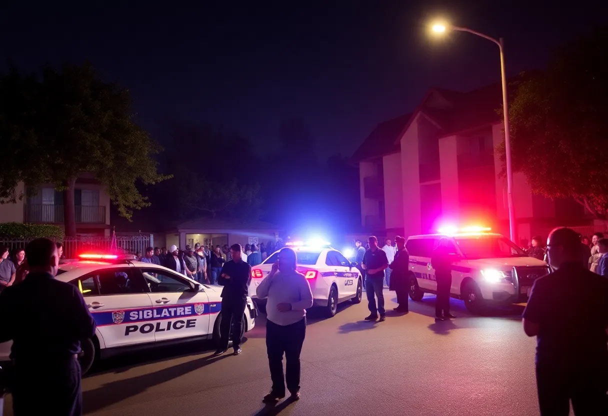 Police vehicles at the scene of a shooting at an apartment complex in Northridge
