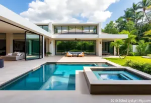 Exterior view of a luxury home with pool and spa