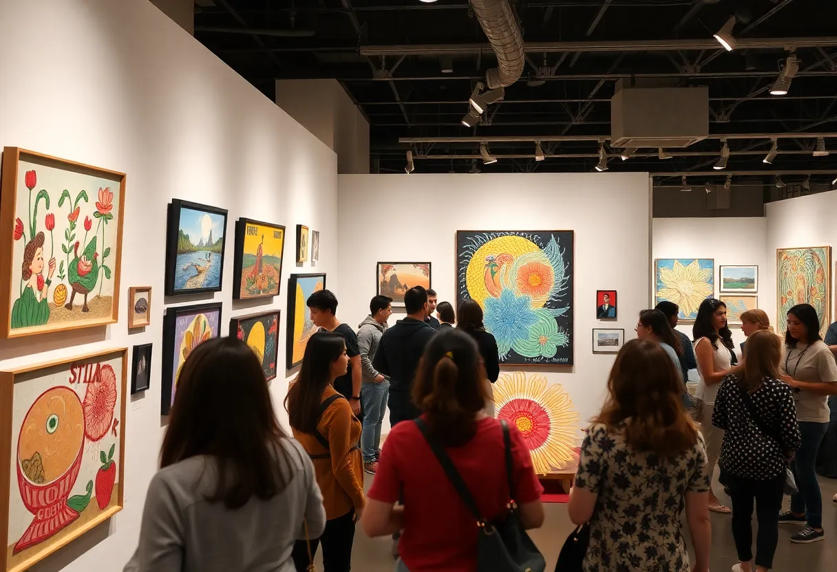 Art enthusiasts exploring the 'Hyper SoCal Democratizes Art-Loving' exhibition in Pasadena.