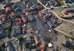 Aerial view of burned properties post-wildfires in Los Angeles County.