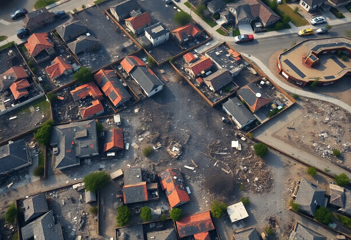 Aerial view of burned properties post-wildfires in Los Angeles County.