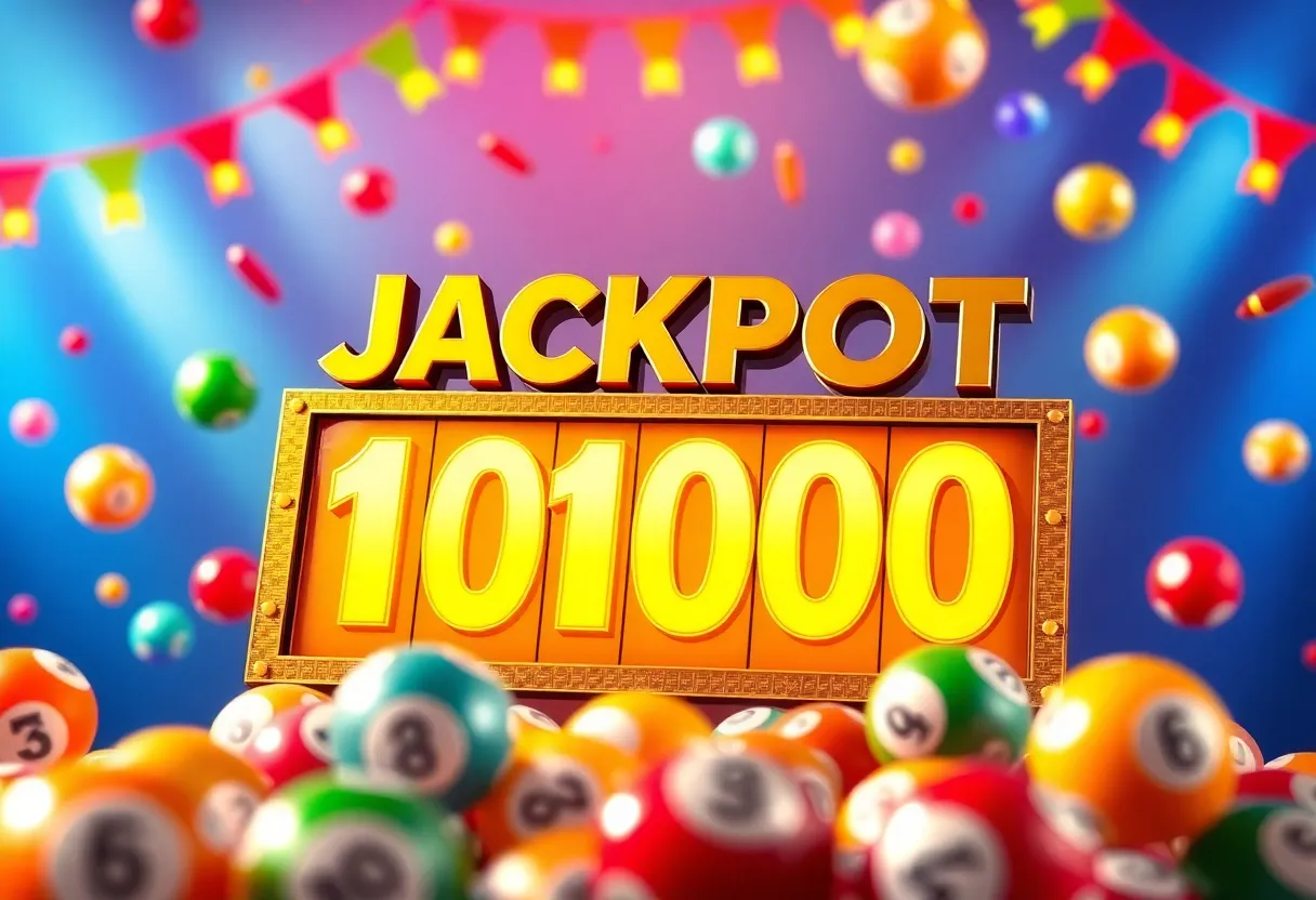 Colorful illustration of a lottery jackpot with balls and vibrant colors.