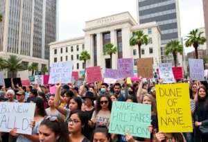 Protesters gather in downtown Los Angeles holding signs for accountability