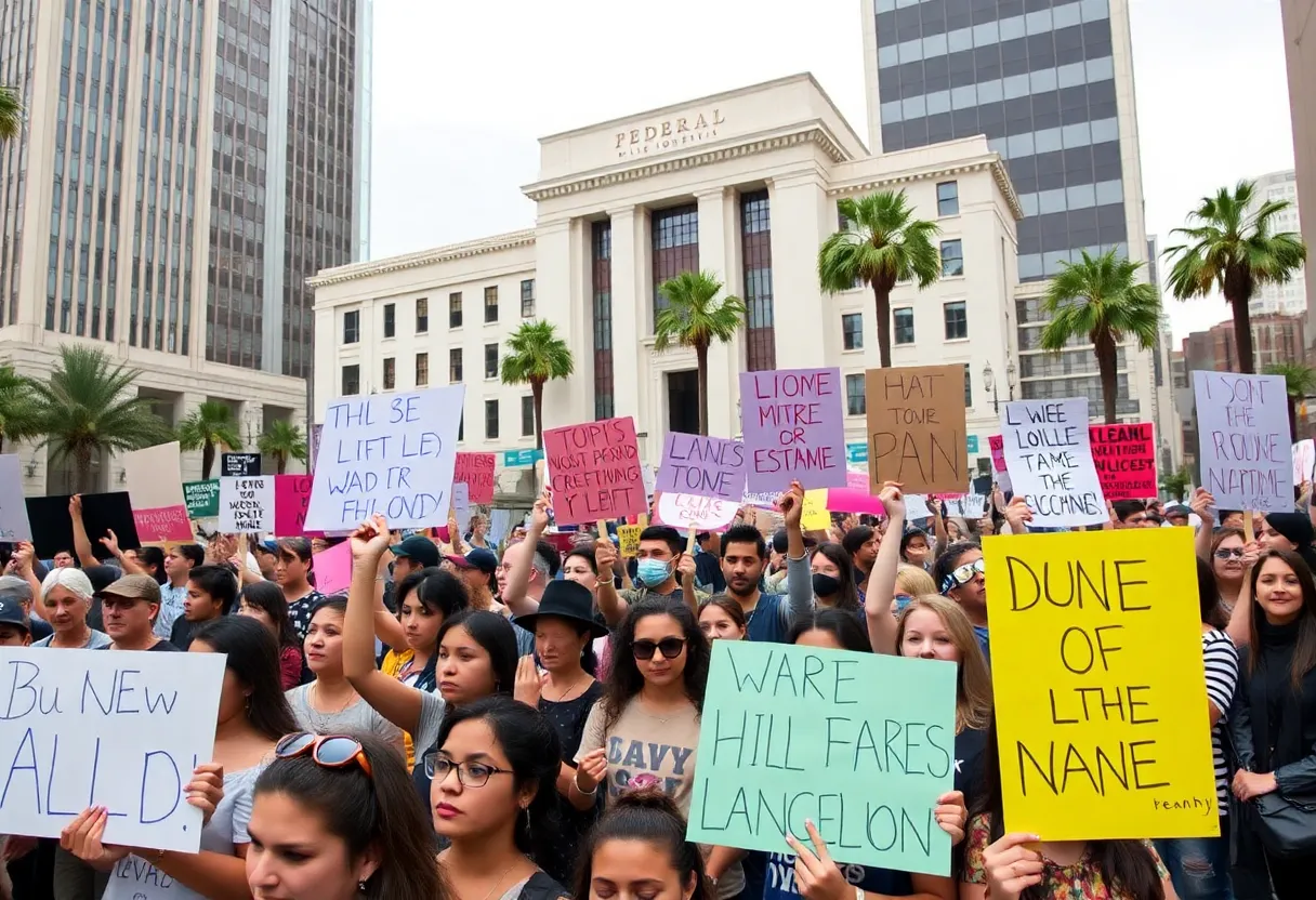 Protesters gather in downtown Los Angeles holding signs for accountability