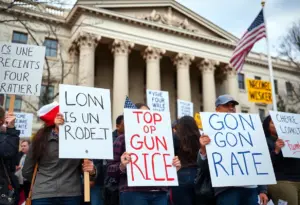Protesters holding signs advocating for justice outside a government building