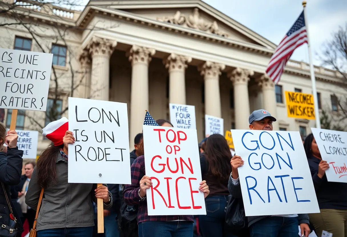Protesters holding signs advocating for justice outside a government building