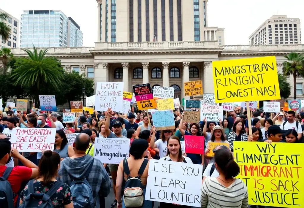 Protesters at City Hall advocating for immigrant rights