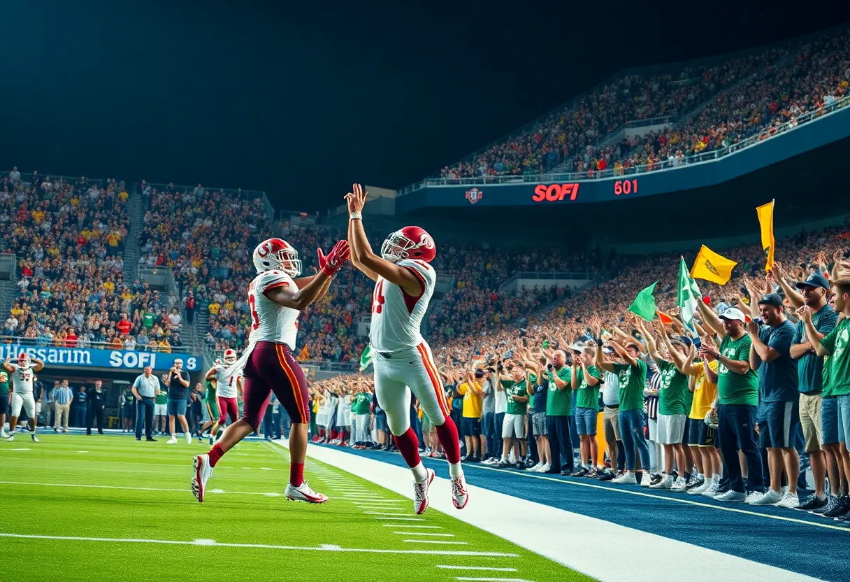 Los Angeles Rams players celebrating a playoff victory at SoFi Stadium