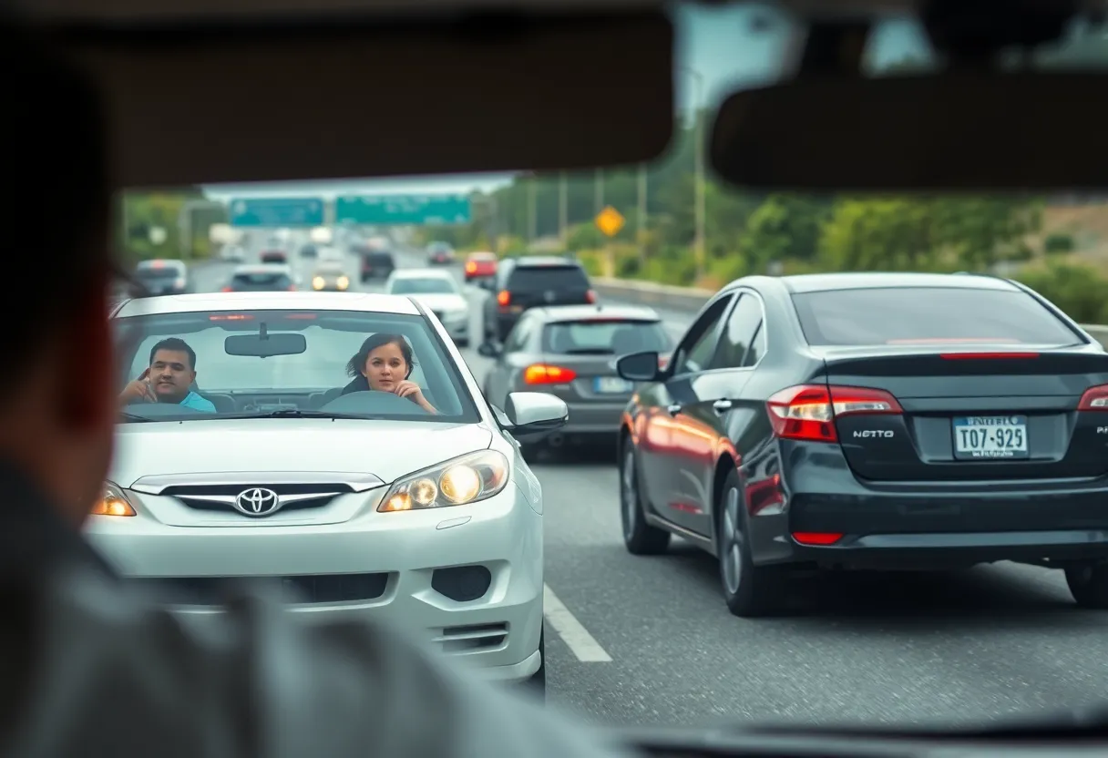 Illustration of a tense road rage situation on a freeway