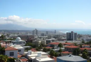 An overview of San Diego showing areas affected by climate change and rising living costs.