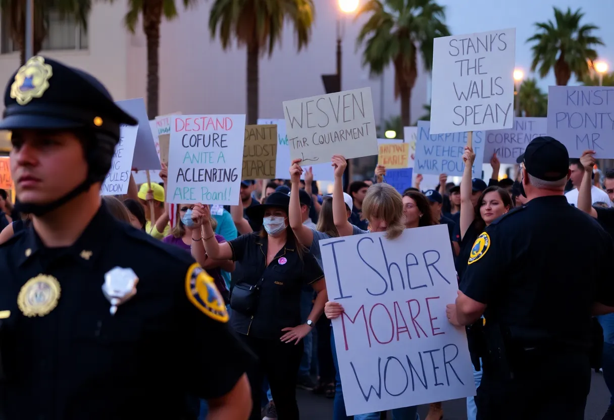 A crowded protest scene in Santa Ana with demonstrators and law enforcement.