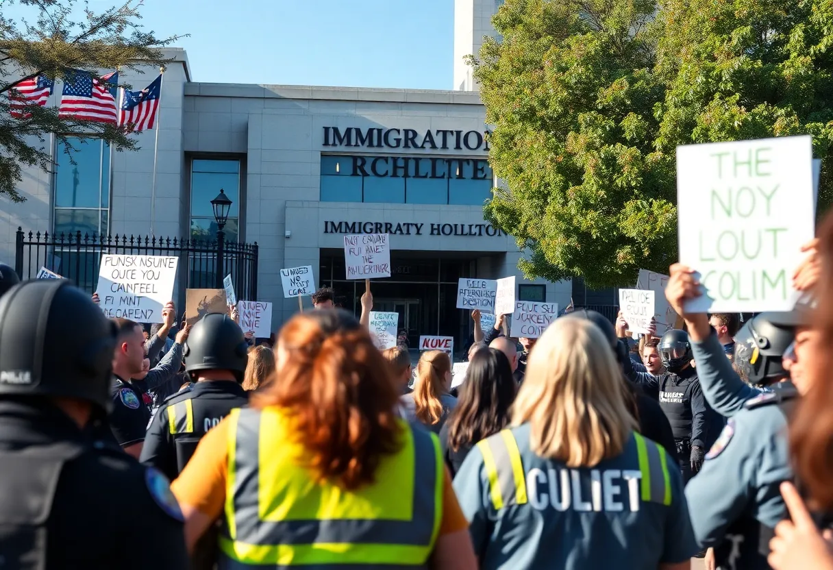 Protesters demonstrating outside a federal building in Santa Ana.