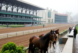 Rainy conditions at Santa Anita Park with horses in the stable.