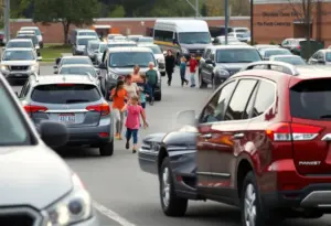 A school parking lot with parents and children during pickup time