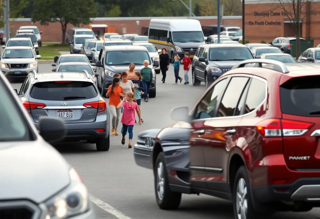 A school parking lot with parents and children during pickup time