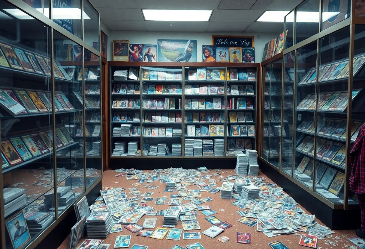 Damaged display cases at Simi Sportscards in Simi Valley