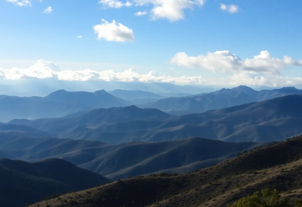 Landscape view of Southern California mountains during a cooling trend with cloudy skies.
