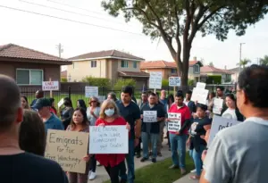 Community gathering in a Los Angeles neighborhood addressing concerns over immigration raids