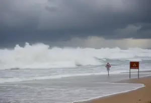 Waves crashing on the shore during a storm at a Los Angeles beach