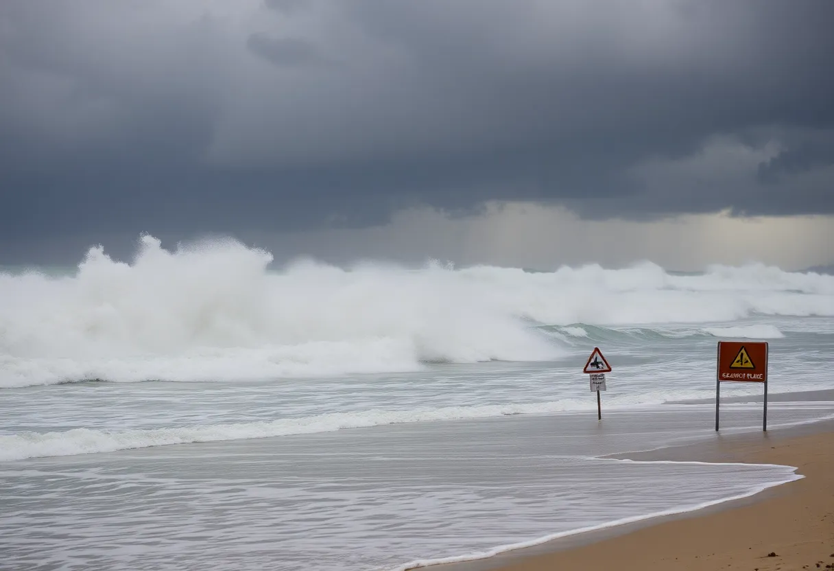 Waves crashing on the shore during a storm at a Los Angeles beach