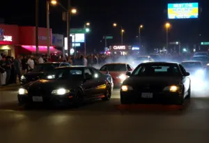 Nighttime street takeover event in Long Beach with cars blocking intersections.