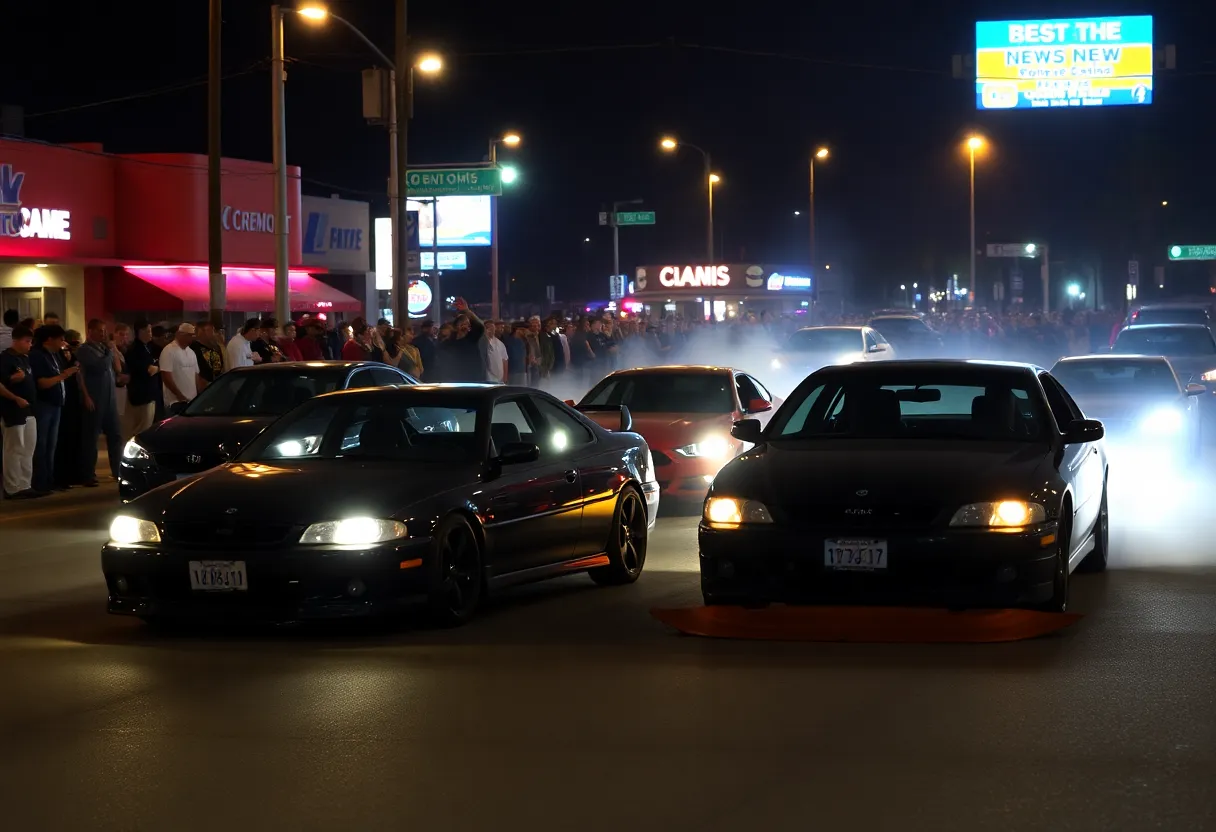 Nighttime street takeover event in Long Beach with cars blocking intersections.