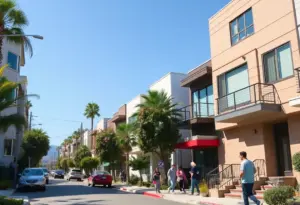 A bustling trendy neighborhood in Los Angeles with modern houses