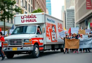 A U-Haul truck in Westwood with protesters in the background.