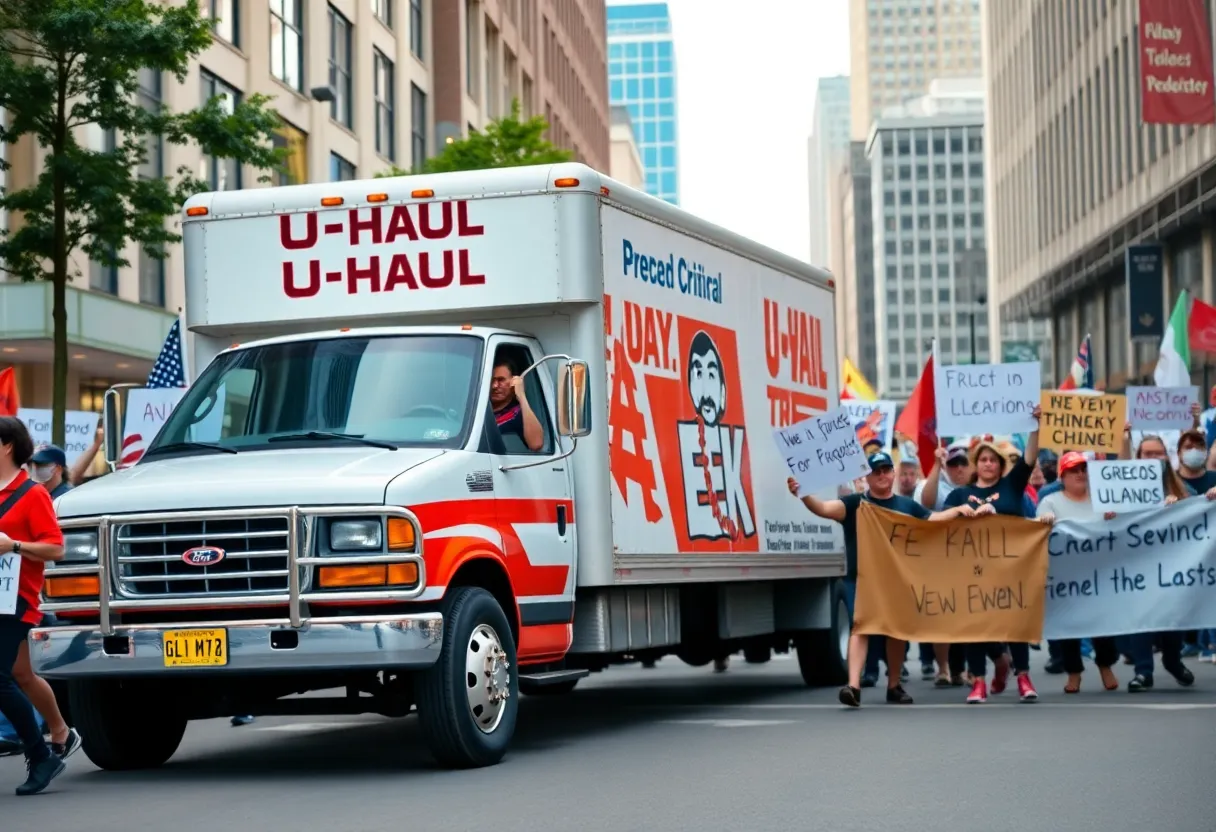 A U-Haul truck in Westwood with protesters in the background.