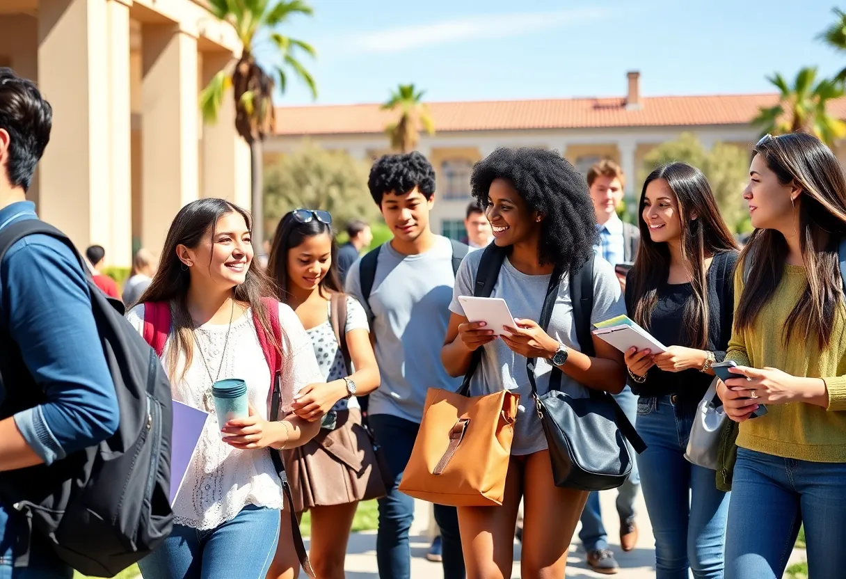 Students on a California university campus celebrating enrollment milestone.