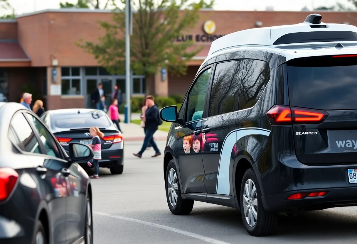 Waymo autonomous vehicle parked near a school during morning drop-off hours.