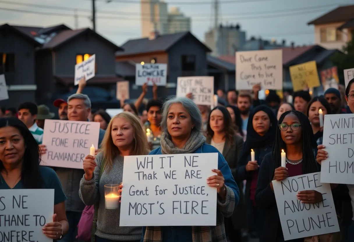 Residents of west Altadena holding candles at a vigil for Eaton Fire victims.