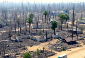 A community in recovery after a wildfire, showing damaged buildings and new construction.