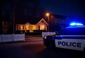 Police car in a suburban neighborhood at night
