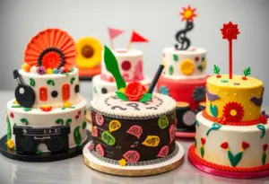 Colorful Bad Bunny-themed cakes displayed at A Treat Life Bakery