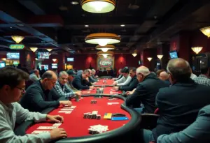 Inside view of a Los Angeles cardroom with players at card tables.