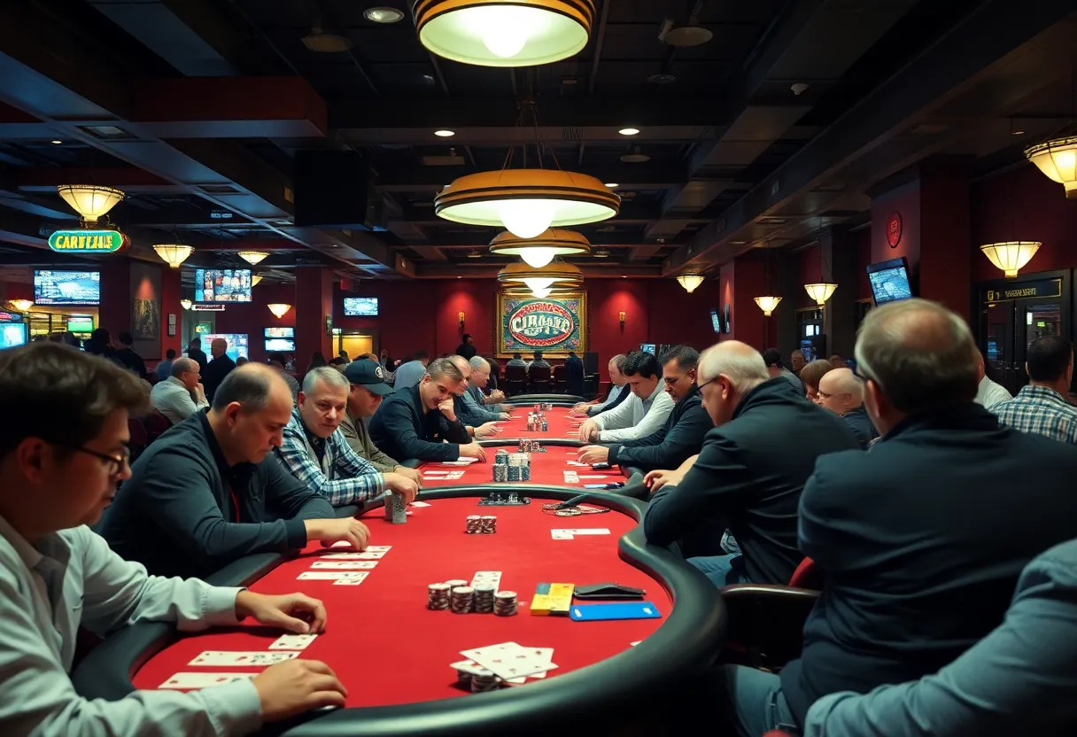 Inside view of a Los Angeles cardroom with players at card tables.