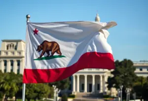 California state flag and government buildings representing public programs.